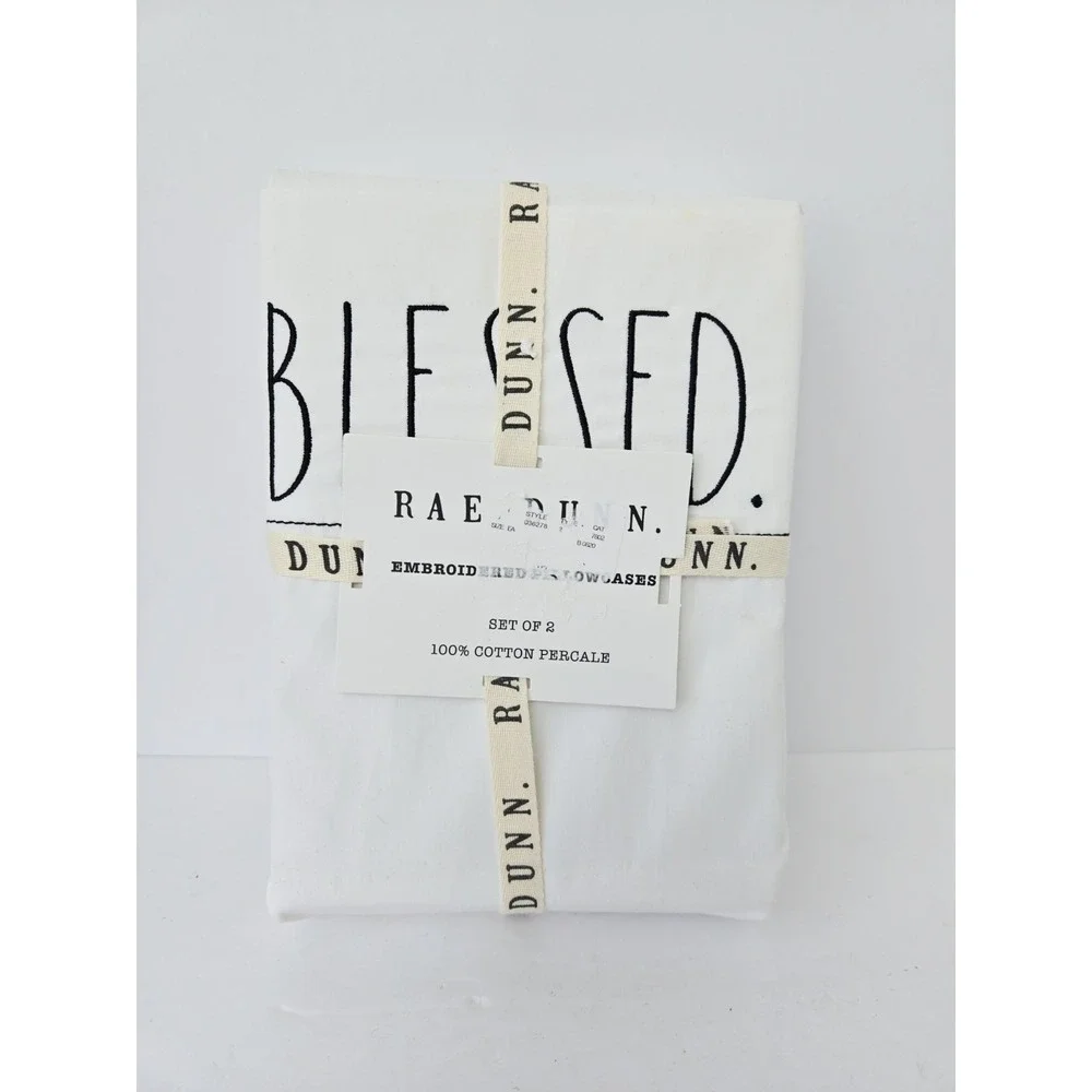 New Rae Dunn BLESSED White‎ Cotton Percale Standard Pillowcases set of 2